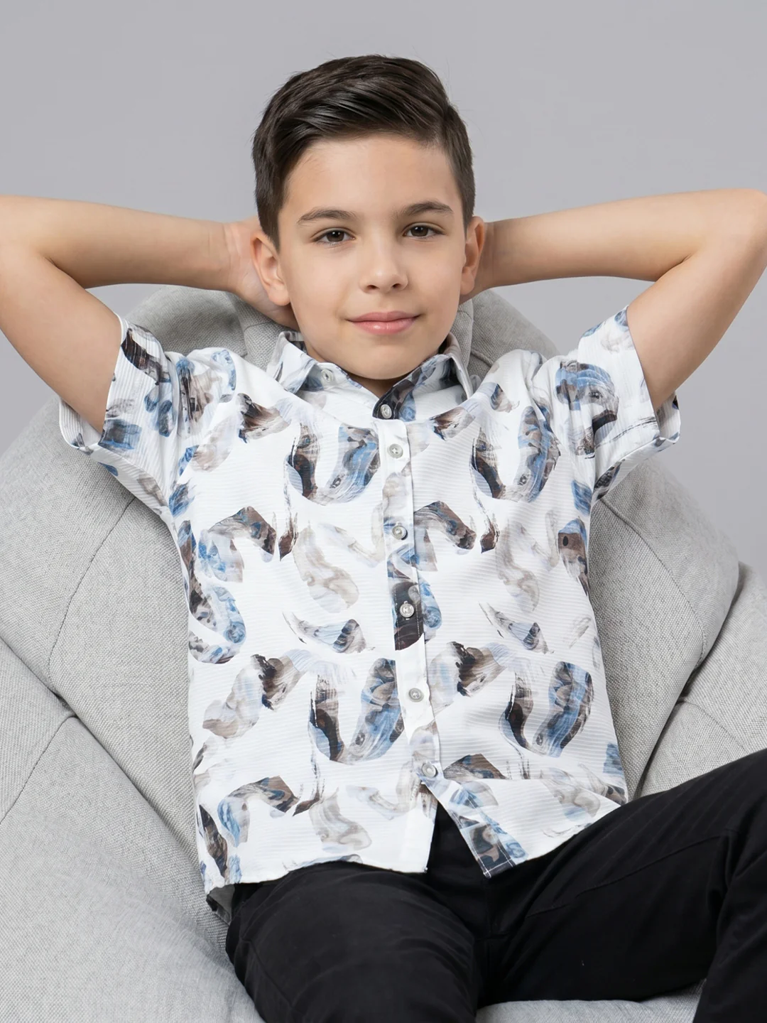 Boys White Printed Collar Half Sleeve Shirt - Image 5