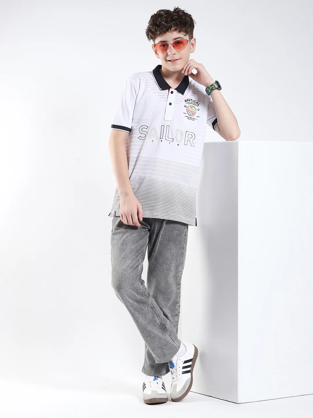Boys White Printed Collar Half Sleeve T-Shirt - Image 2