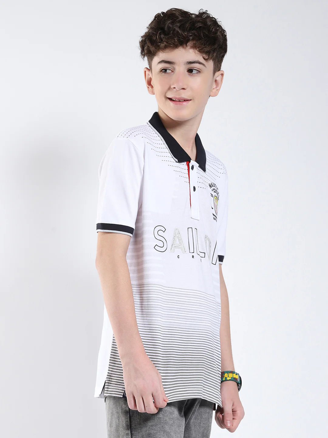 Boys White Printed Collar Half Sleeve T-Shirt - Image 4