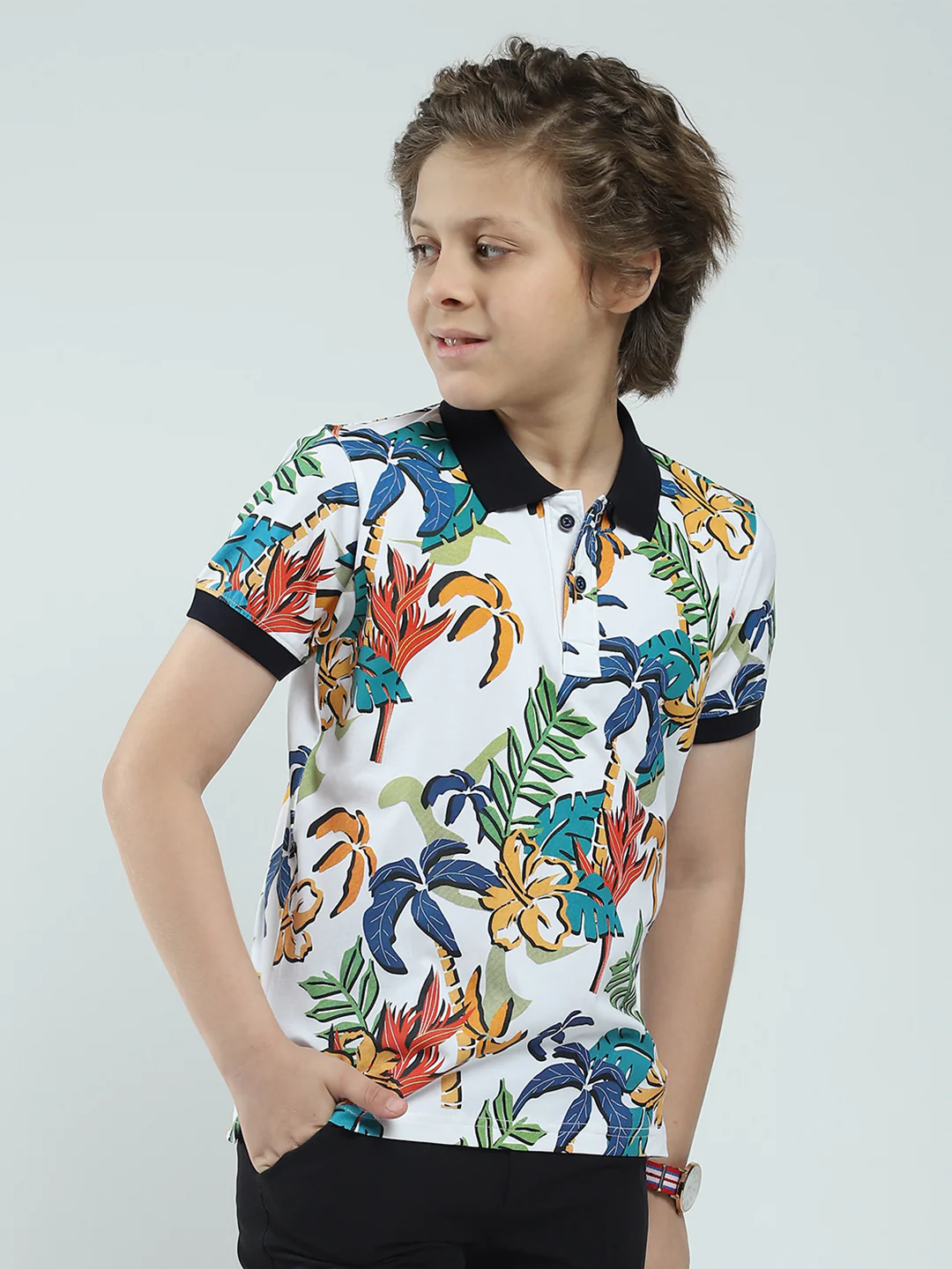 Boys White Printed Collar Half Sleeve T-Shirt - Image 4