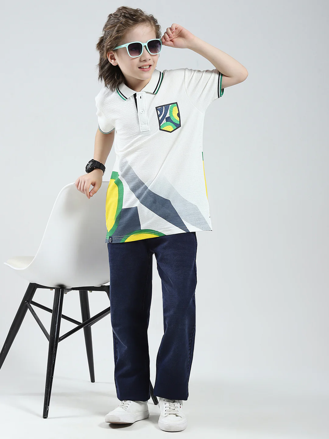 Boys White Printed Collar Half Sleeve T-Shirt - Image 2