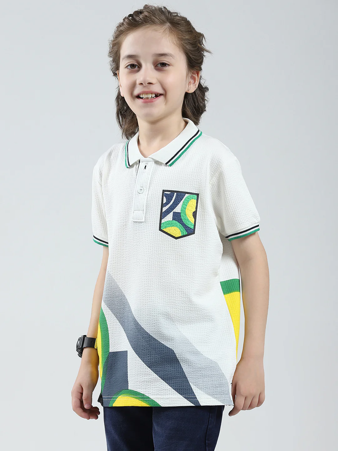 Boys White Printed Collar Half Sleeve T-Shirt - Image 3