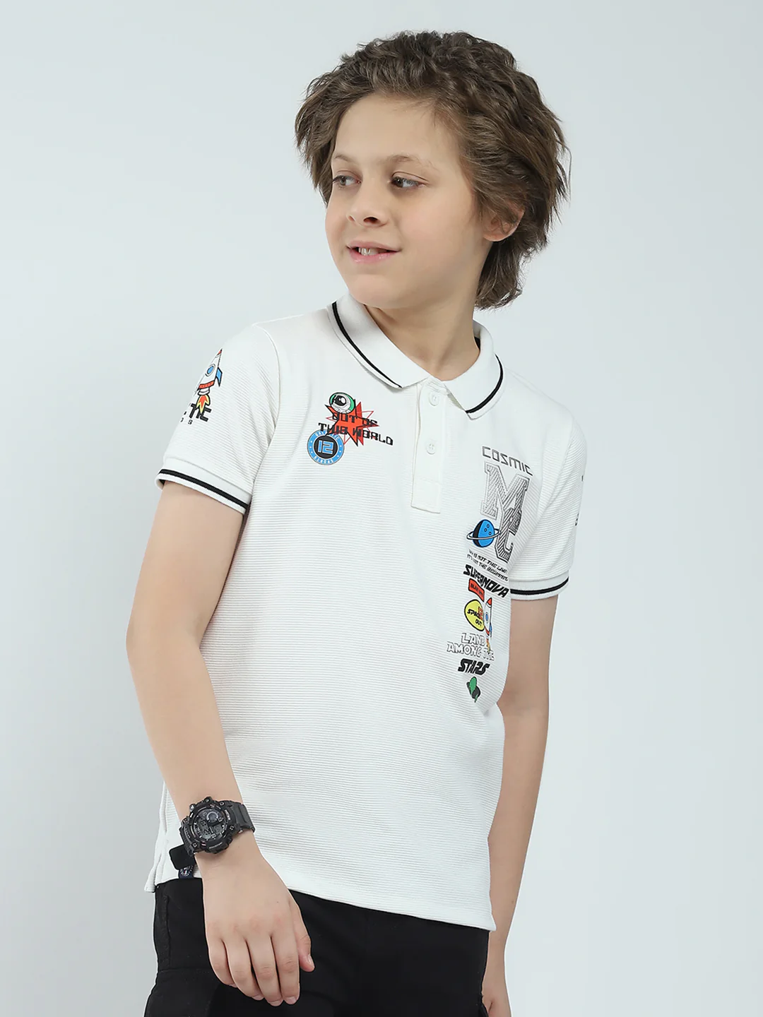 Boys White Printed Collar Half Sleeve T-Shirt - Image 4