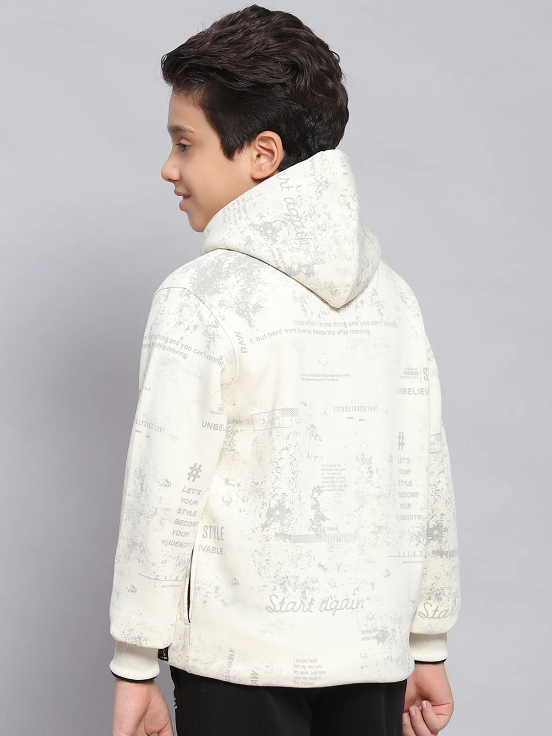 Boys White Printed Hooded Full Sleeve Sweatshirt - Image 5
