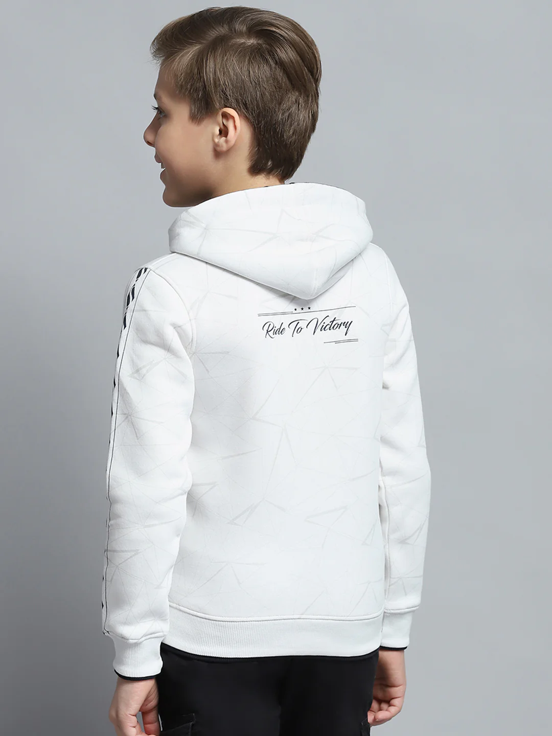 Boys White Printed Hooded Full Sleeve Sweatshirt - Image 5