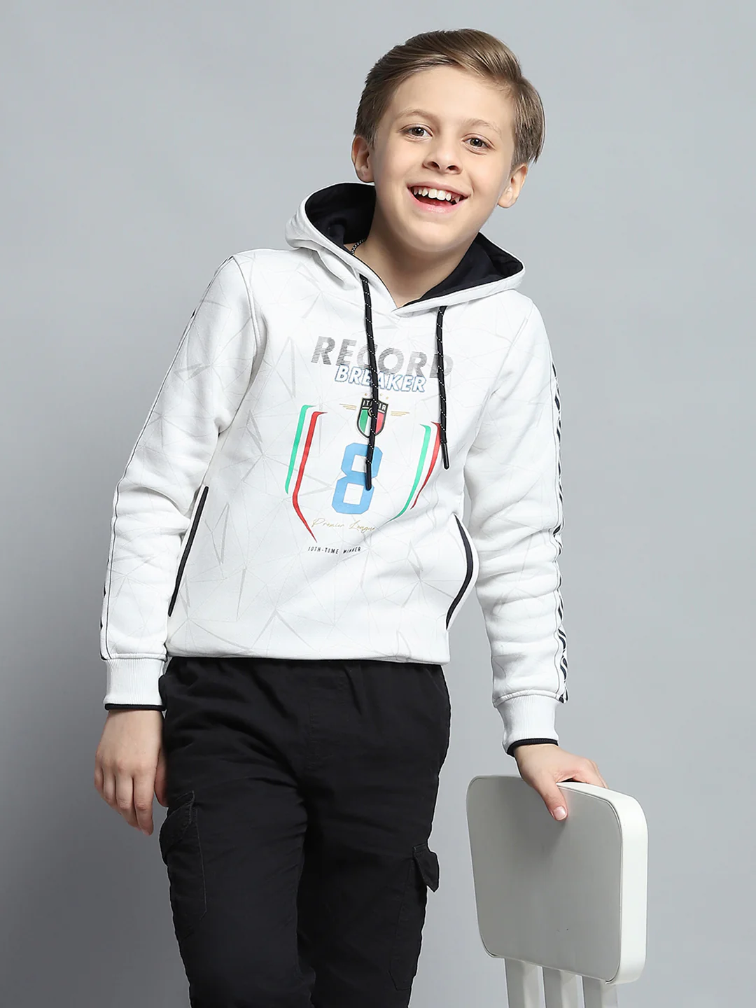 Boys White Printed Hooded Full Sleeve Sweatshirt - Image 7