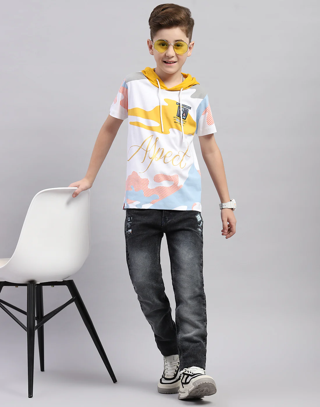 Boys White Printed Hooded Half Sleeve T-Shirt - Image 2