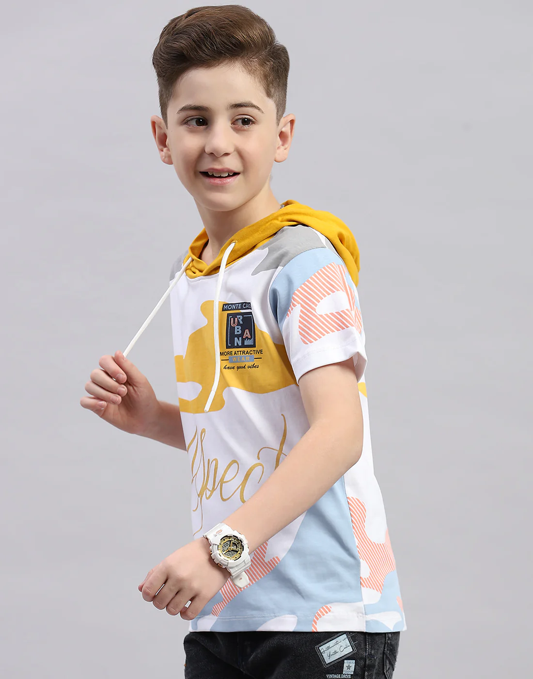 Boys White Printed Hooded Half Sleeve T-Shirt - Image 3