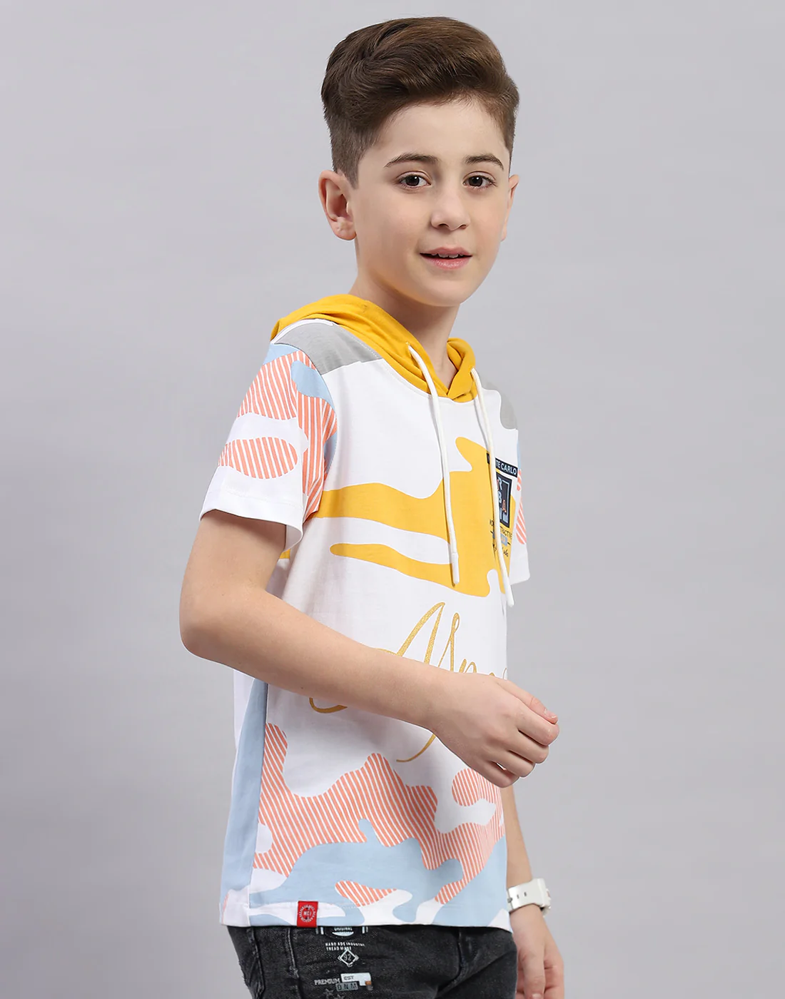 Boys White Printed Hooded Half Sleeve T-Shirt - Image 4