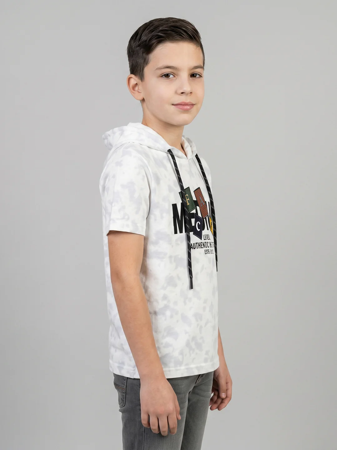 Boys White Printed Hooded Half Sleeve T-Shirt - Image 2