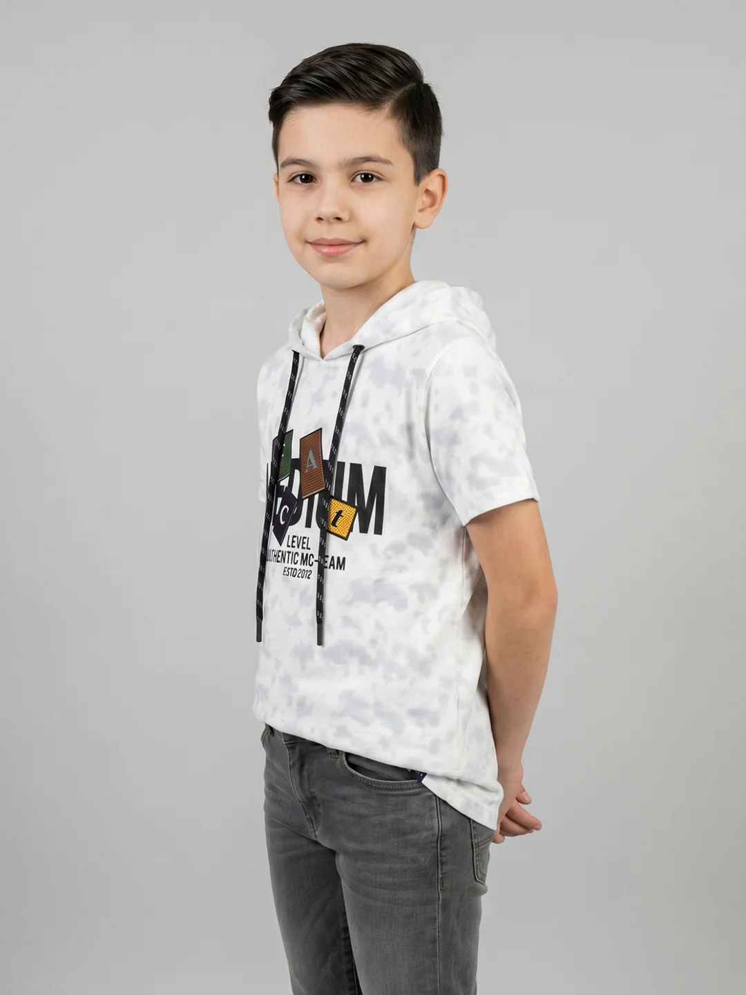 Boys White Printed Hooded Half Sleeve T-Shirt - Image 3