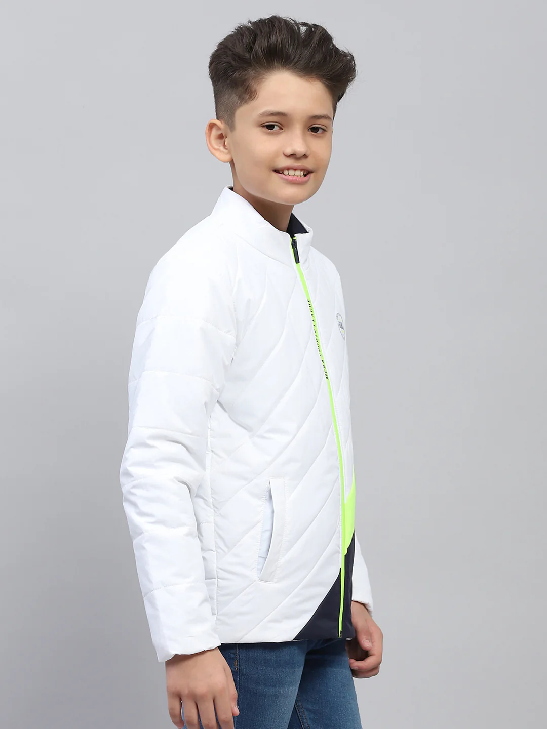 Boys White Printed Mock Neck Full Sleeve Jacket - Image 4