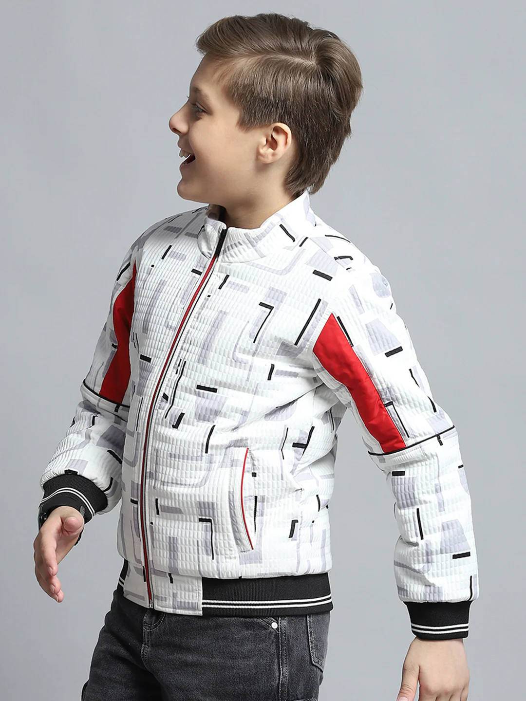 Boys White Printed Mock Neck Full Sleeve Jacket - Image 3