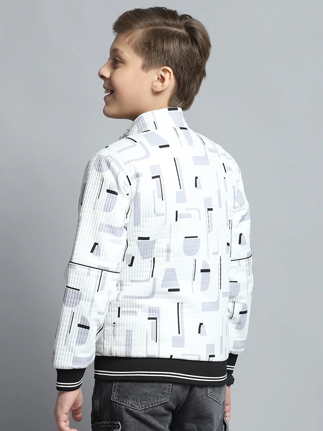Boys White Printed Mock Neck Full Sleeve Jacket - Image 5