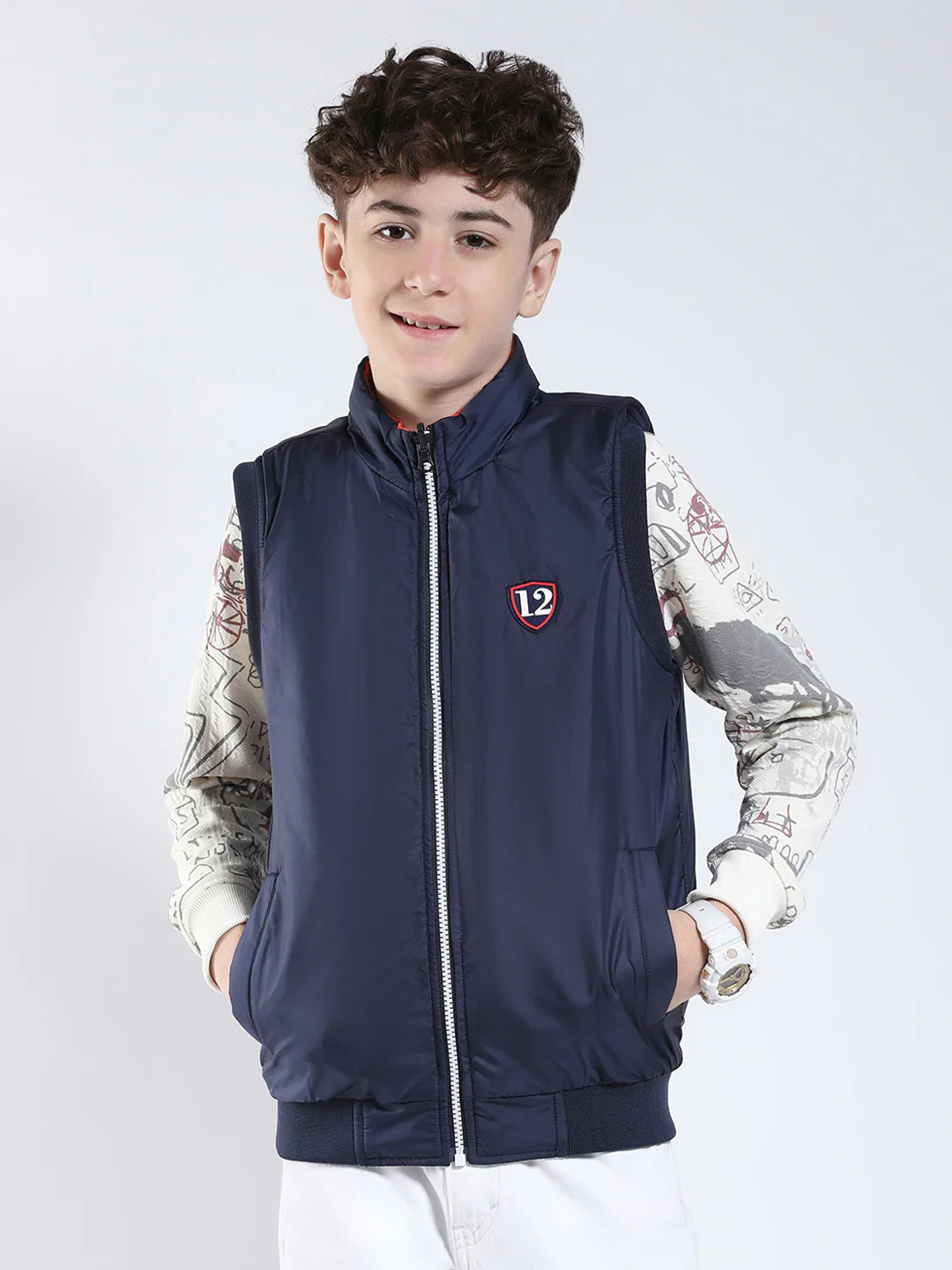 Boys White Printed Mock Neck Sleeveless Reversible Jacket - Image 7