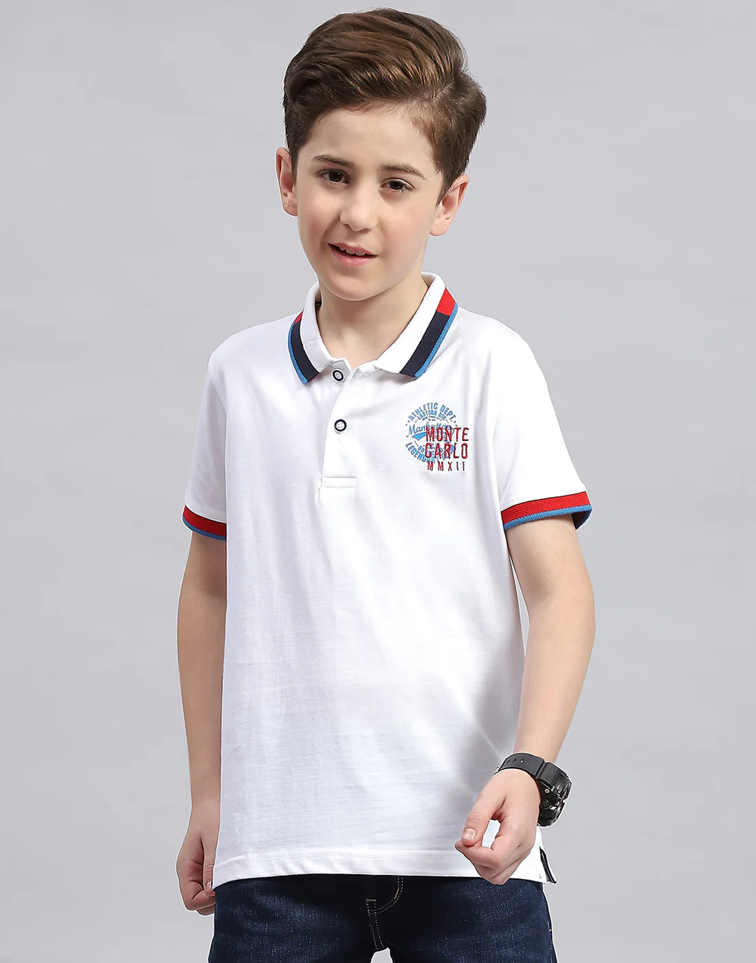 Boys White Printed Polo Collar Half Sleeve T-Shirt - Image 2