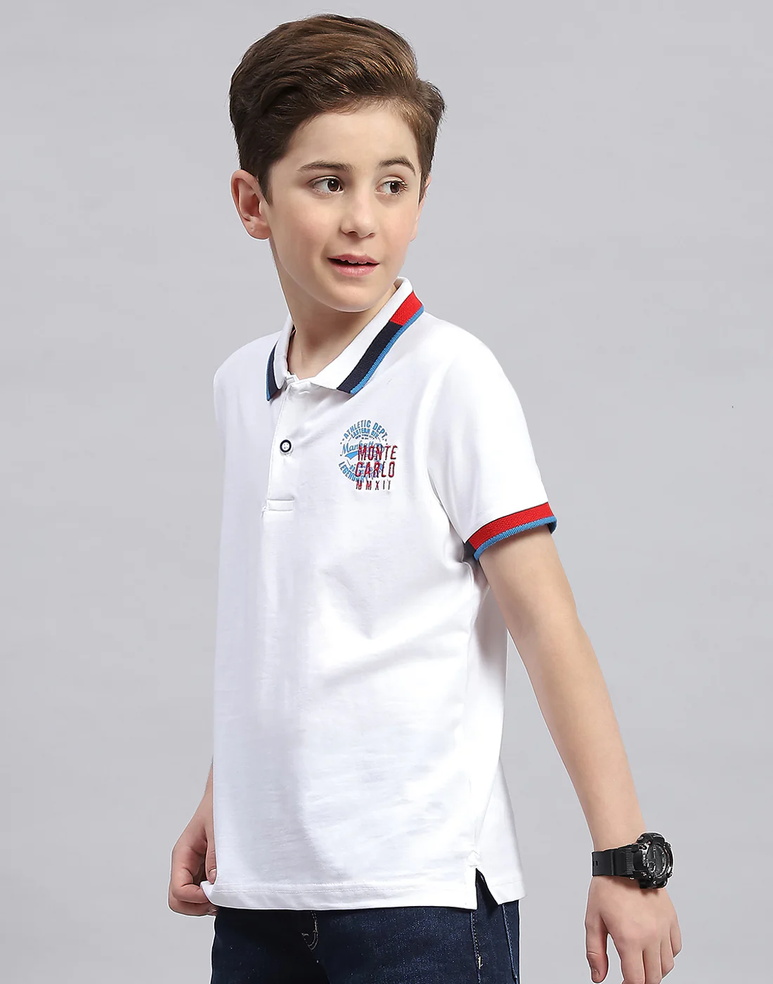 Boys White Printed Polo Collar Half Sleeve T-Shirt - Image 3