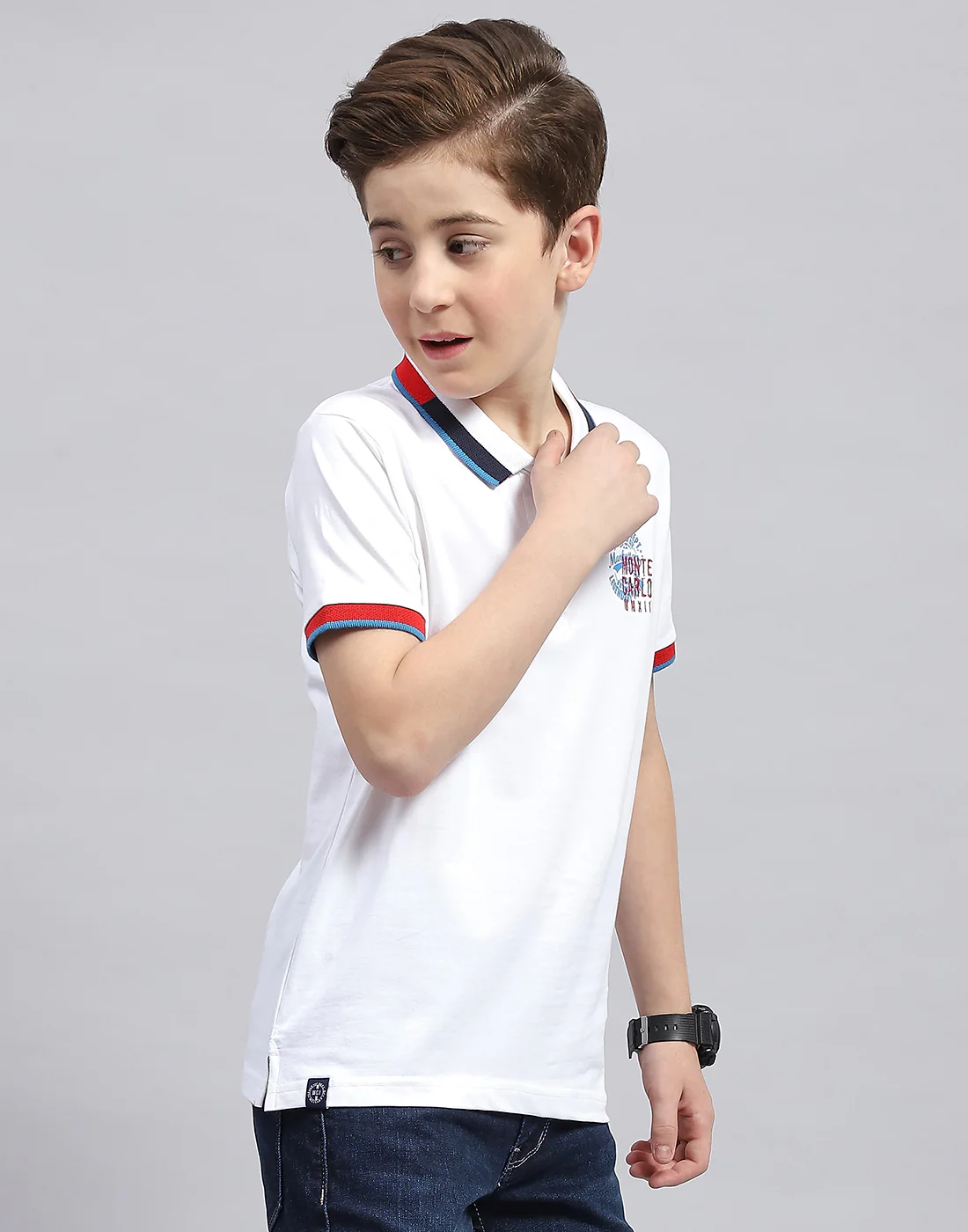 Boys White Printed Polo Collar Half Sleeve T-Shirt - Image 4