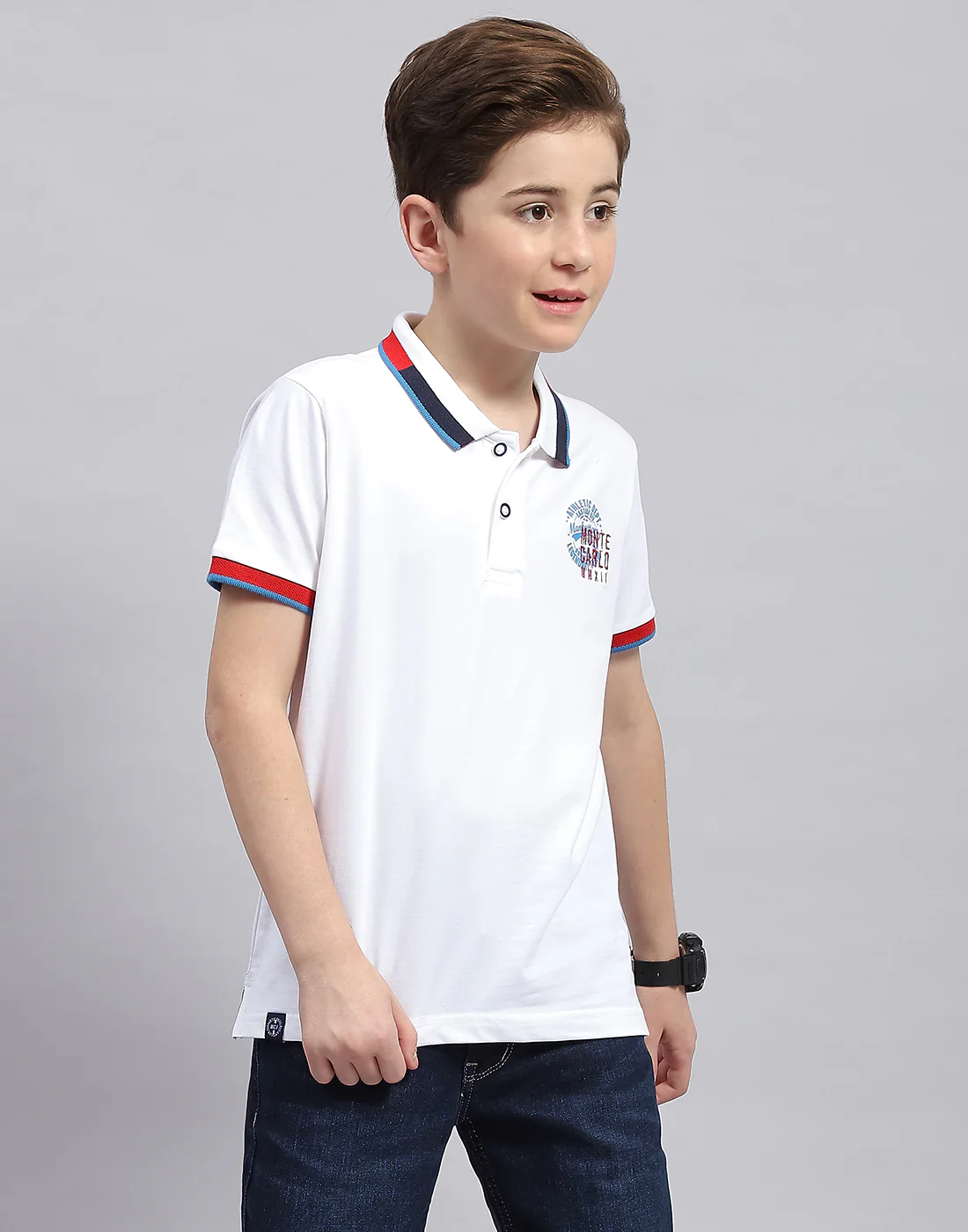 Boys White Printed Polo Collar Half Sleeve T-Shirt - Image 6