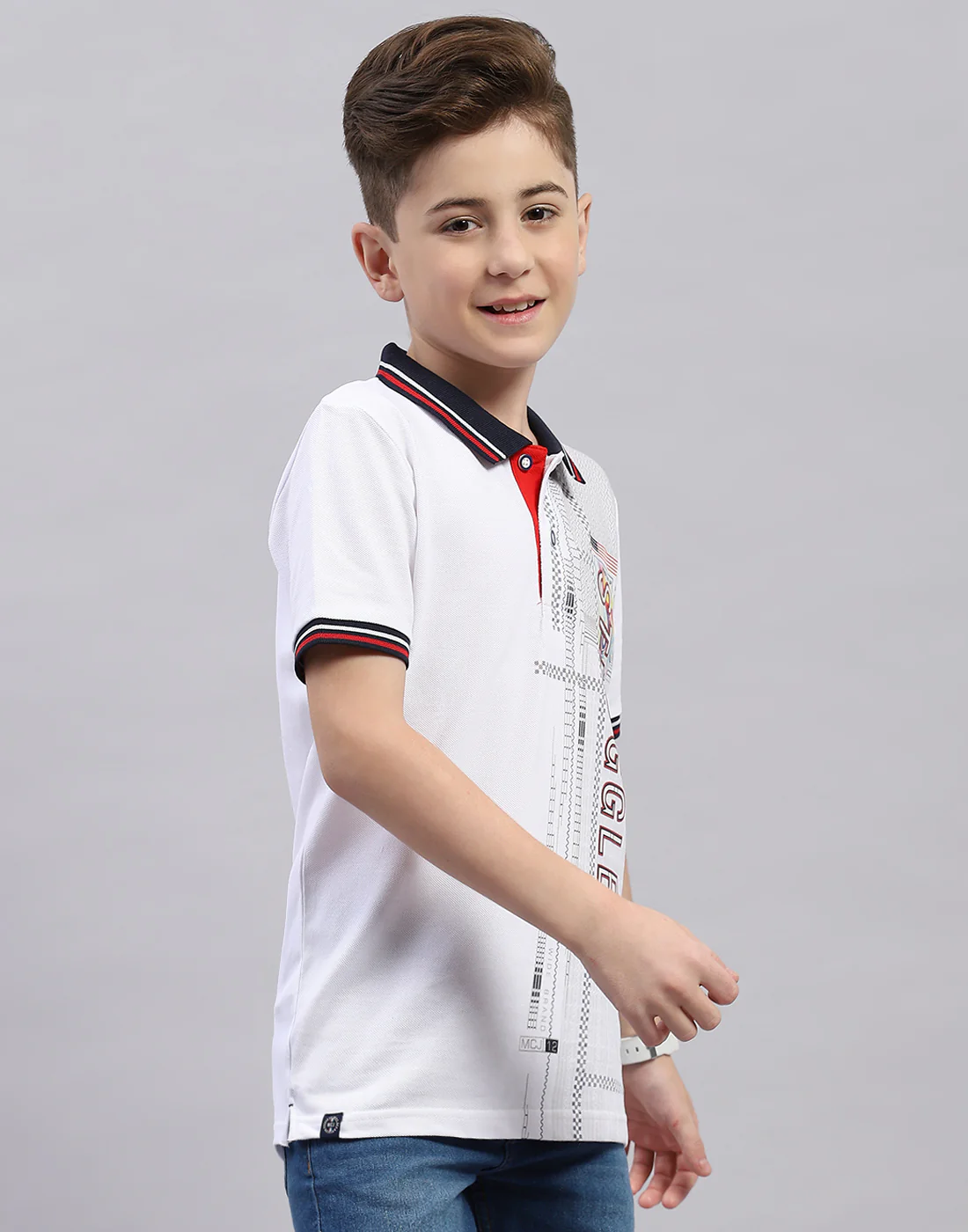 Boys White Printed Polo Collar Half Sleeve T-Shirt - Image 4