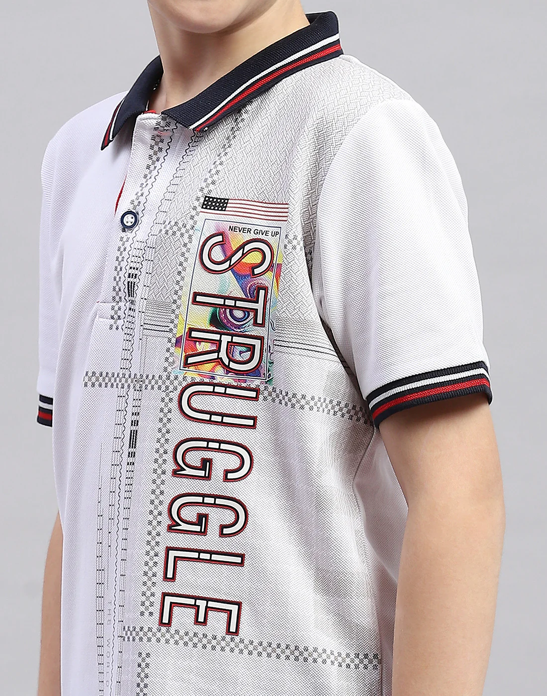 Boys White Printed Polo Collar Half Sleeve T-Shirt - Image 6