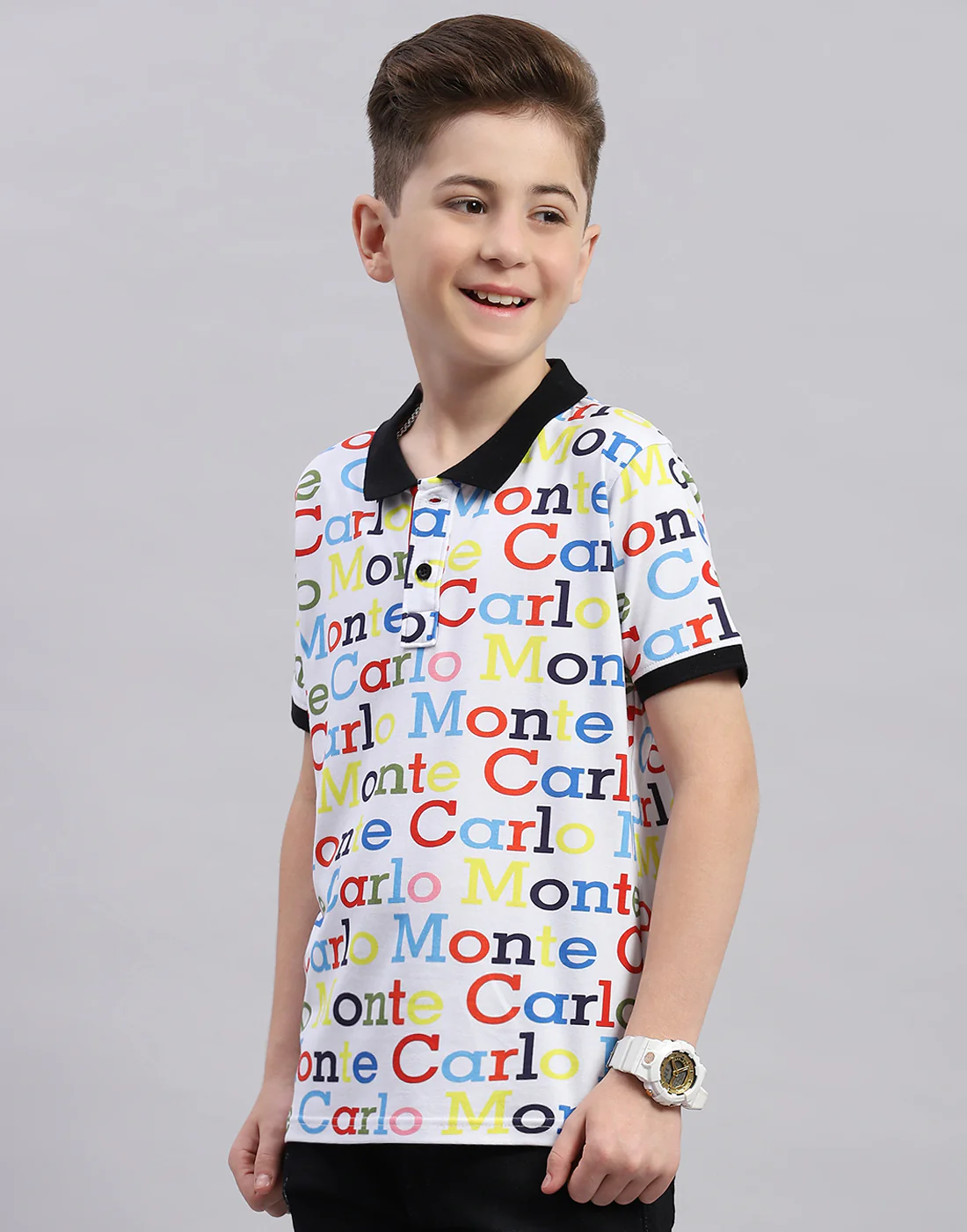 Boys White Printed Polo Collar Half Sleeve T-Shirt - Image 3