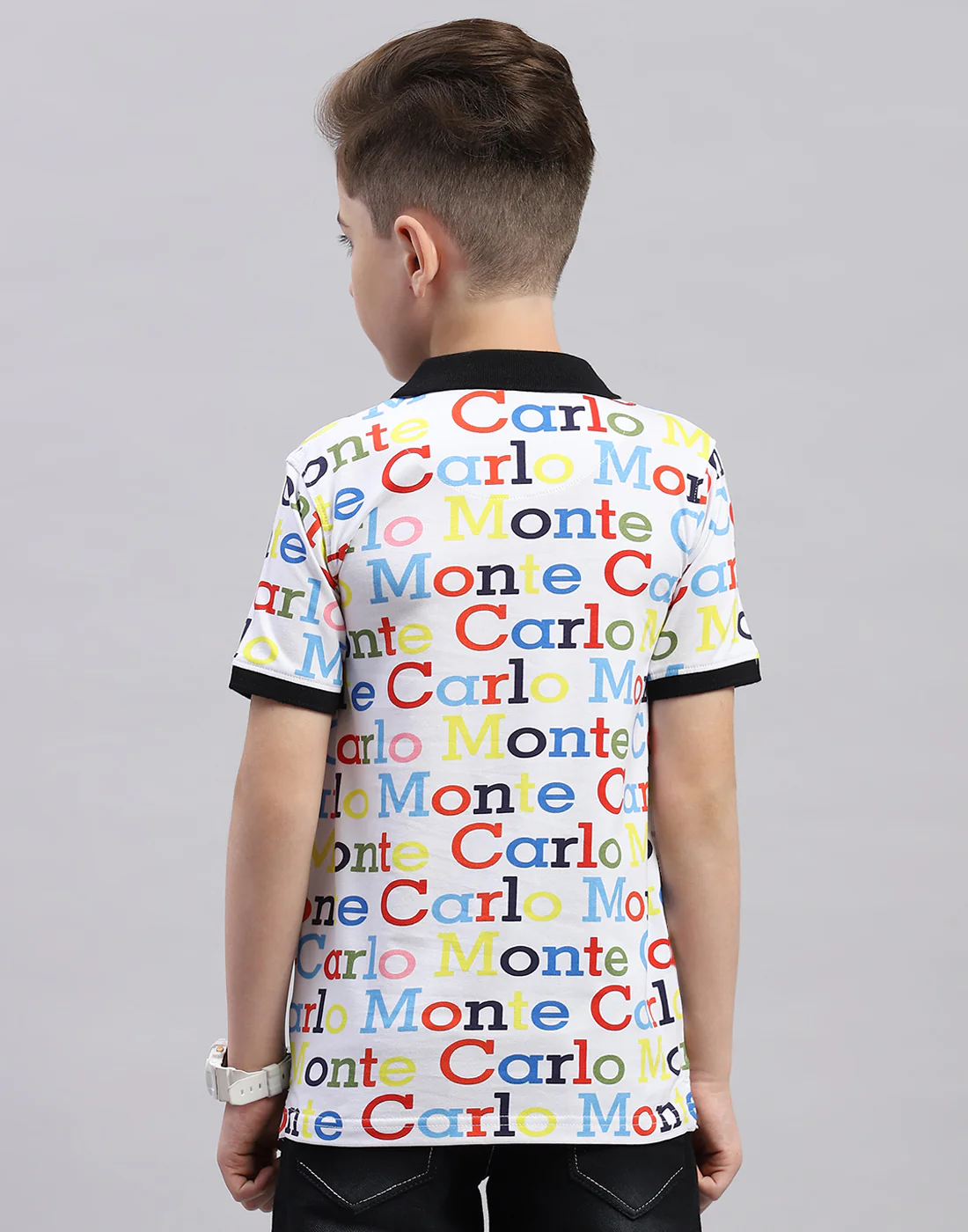 Boys White Printed Polo Collar Half Sleeve T-Shirt - Image 5