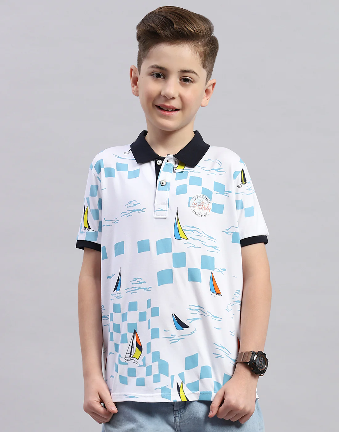 Boys White Printed Polo Collar Half Sleeve T-Shirt - Image 3