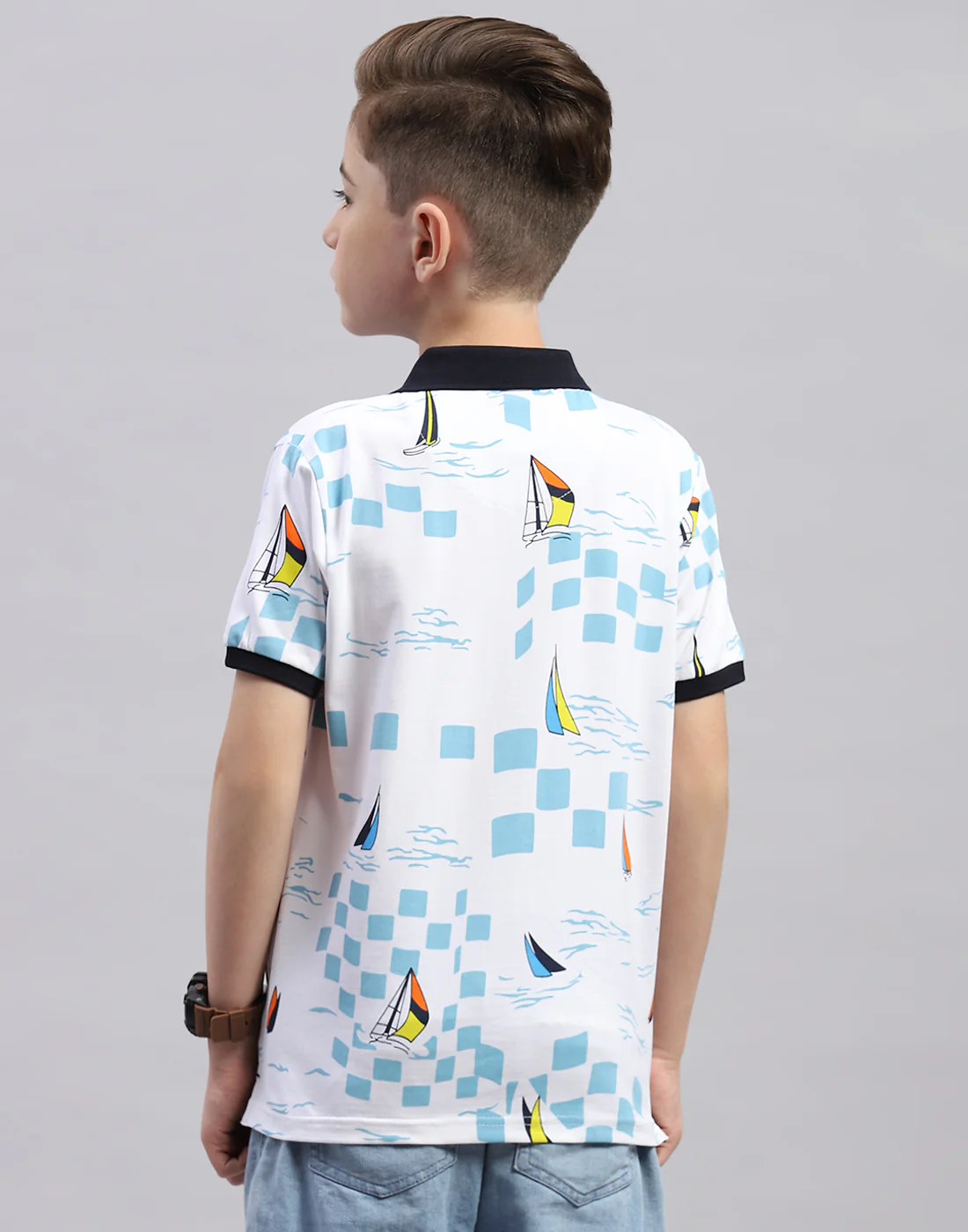 Boys White Printed Polo Collar Half Sleeve T-Shirt - Image 5