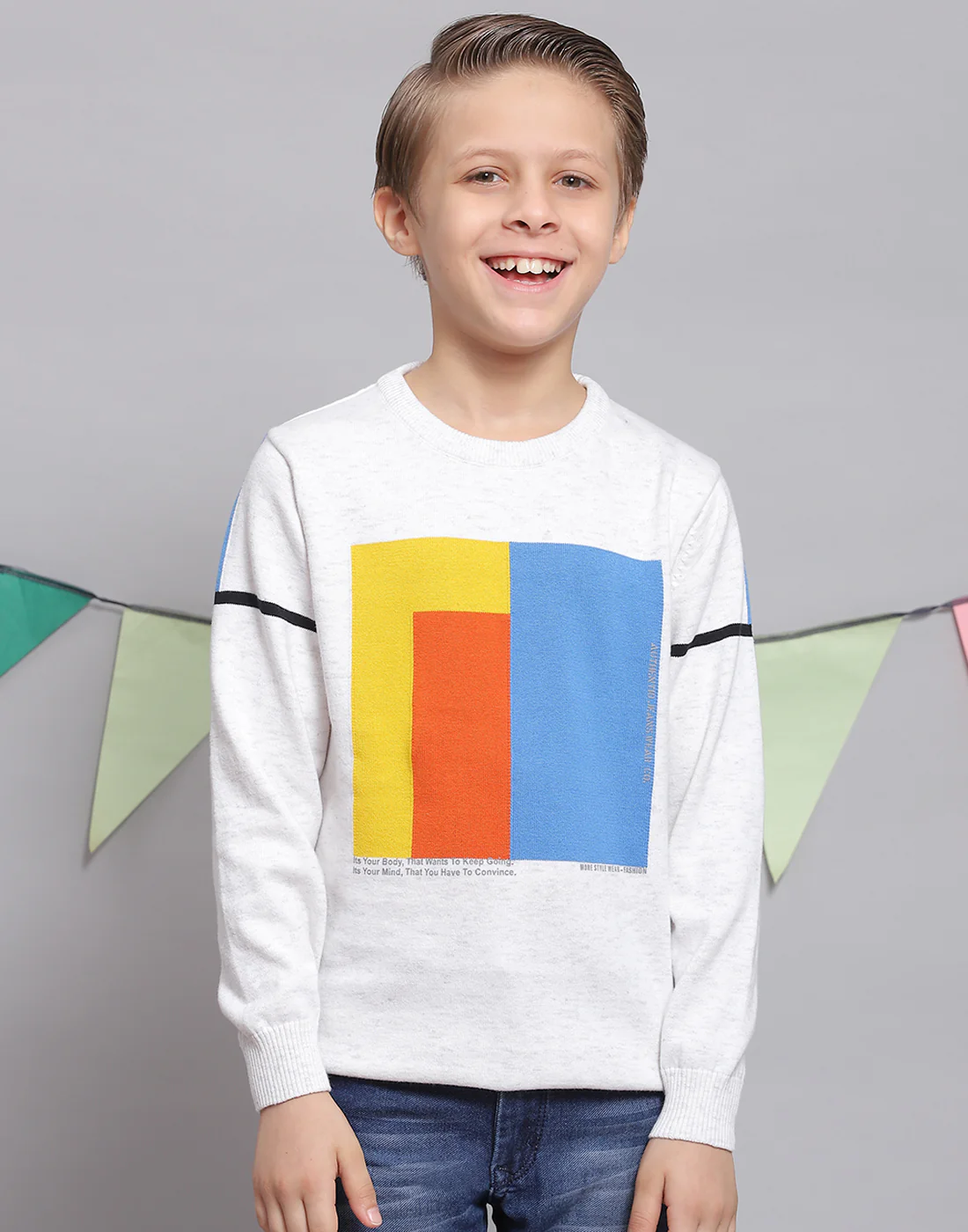 Boys White Printed Round Neck Full Sleeve Sweater - Image 3