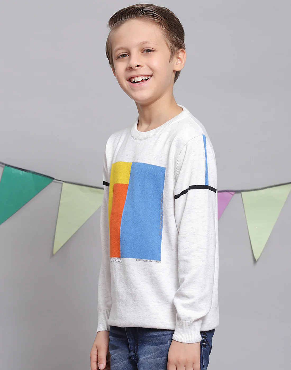 Boys White Printed Round Neck Full Sleeve Sweater - Image 4