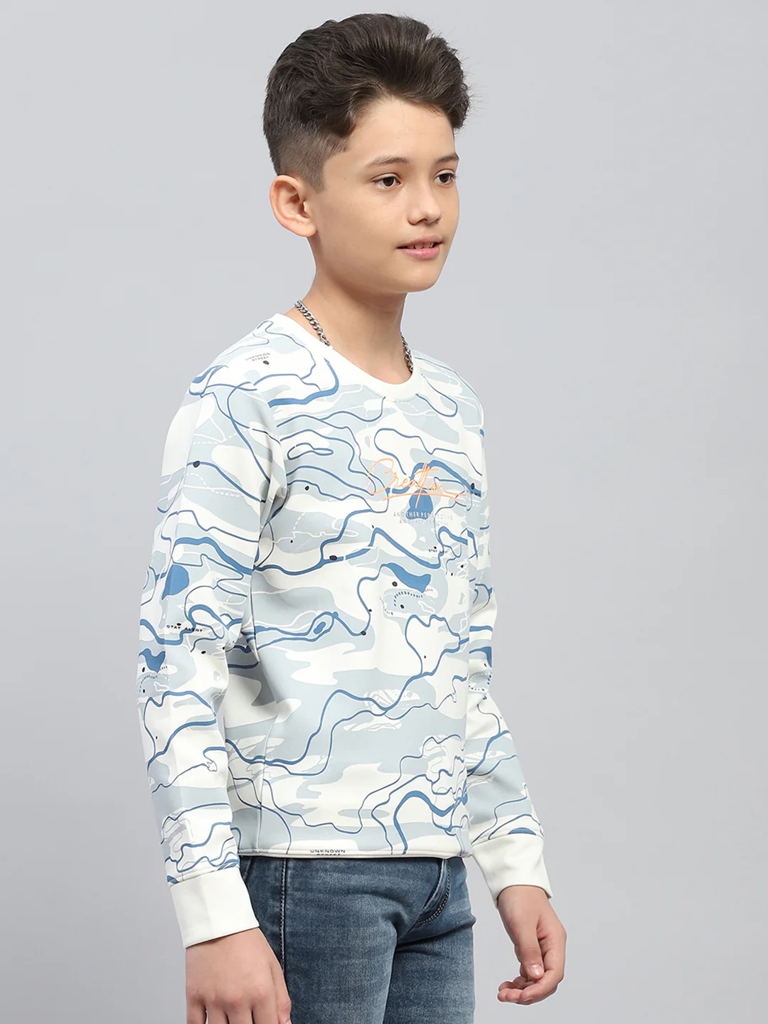 Boys White Printed Round Neck Full Sleeve Sweatshirt - Image 4