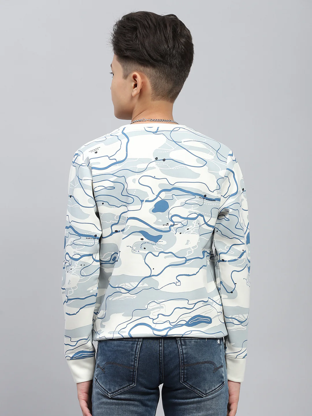 Boys White Printed Round Neck Full Sleeve Sweatshirt - Image 5
