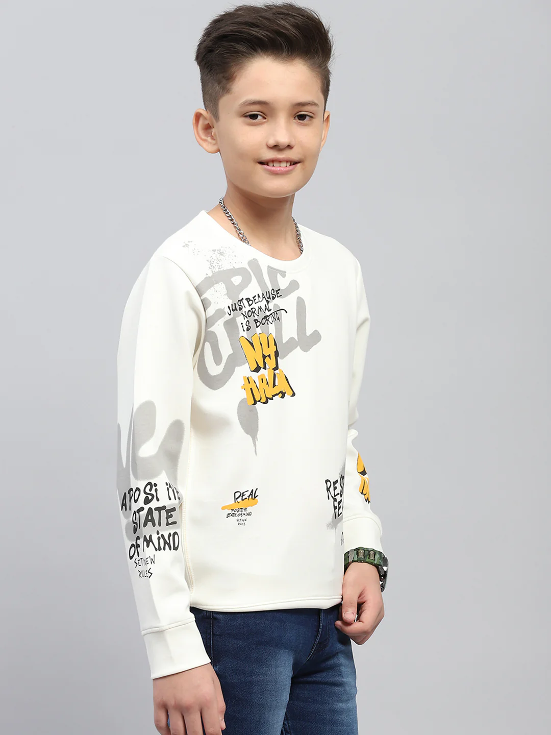 Boys White Printed Round Neck Full Sleeve Sweatshirt - Image 4