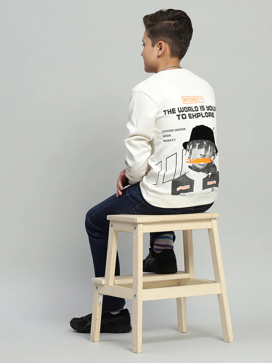 Boys White Printed Round Neck Full Sleeve Sweatshirt - Image 2