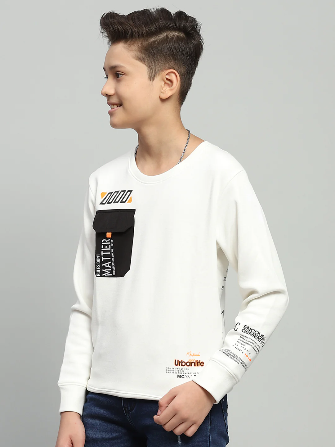 Boys White Printed Round Neck Full Sleeve Sweatshirt - Image 3