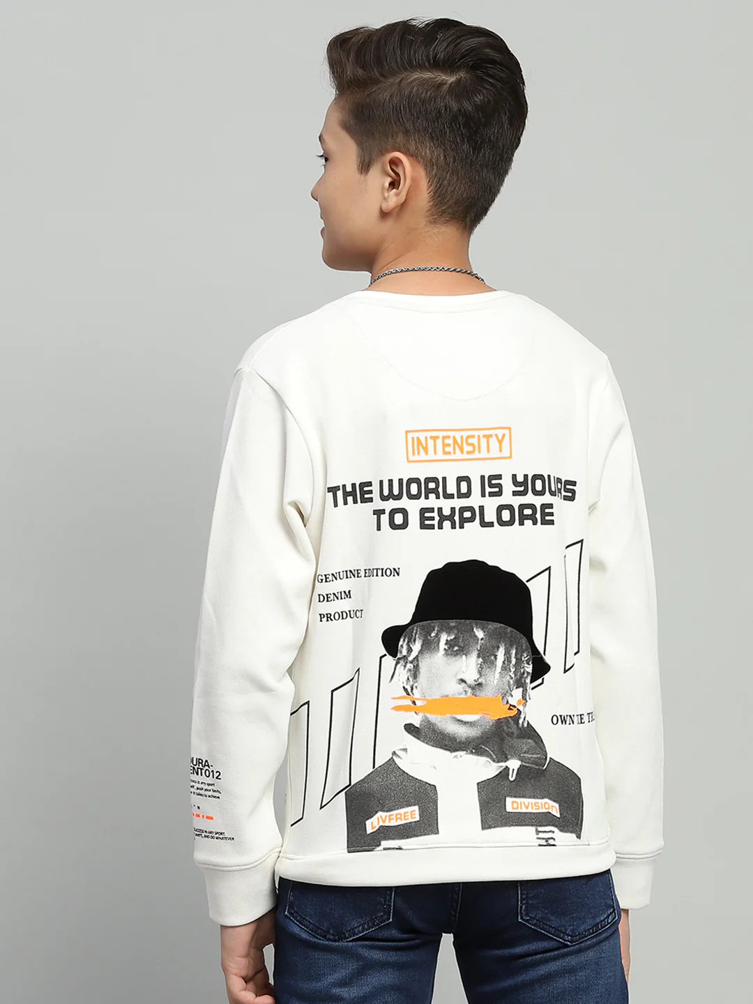 Boys White Printed Round Neck Full Sleeve Sweatshirt - Image 5