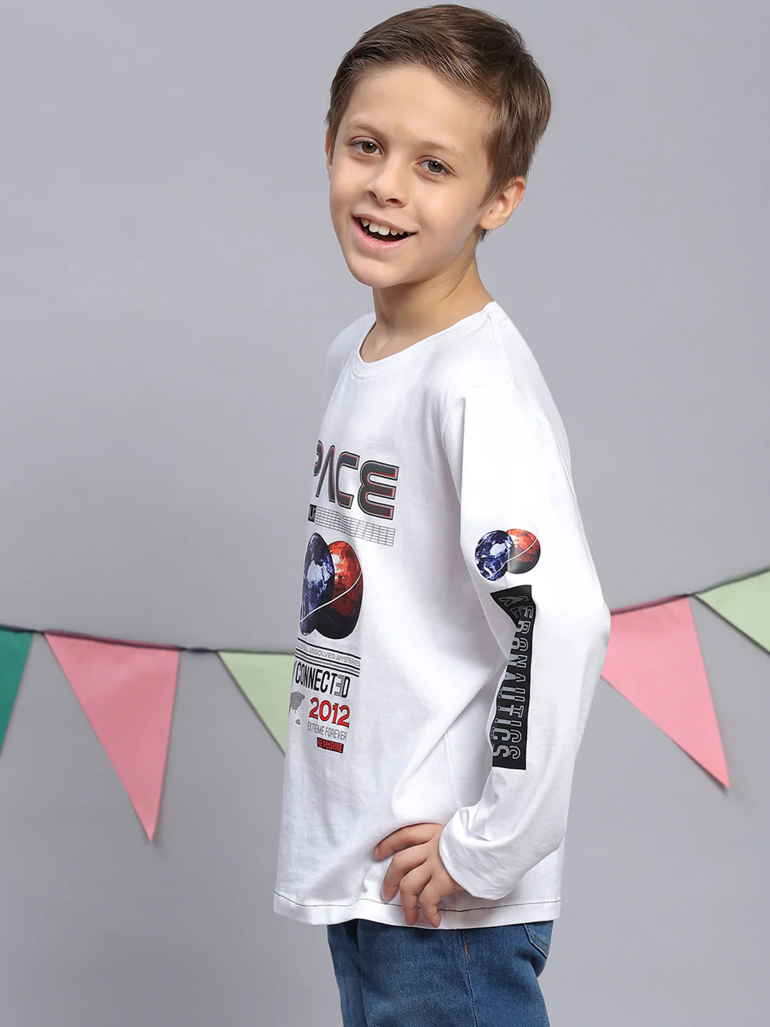 Boys White Printed Round Neck Full Sleeve T-Shirts - Image 3