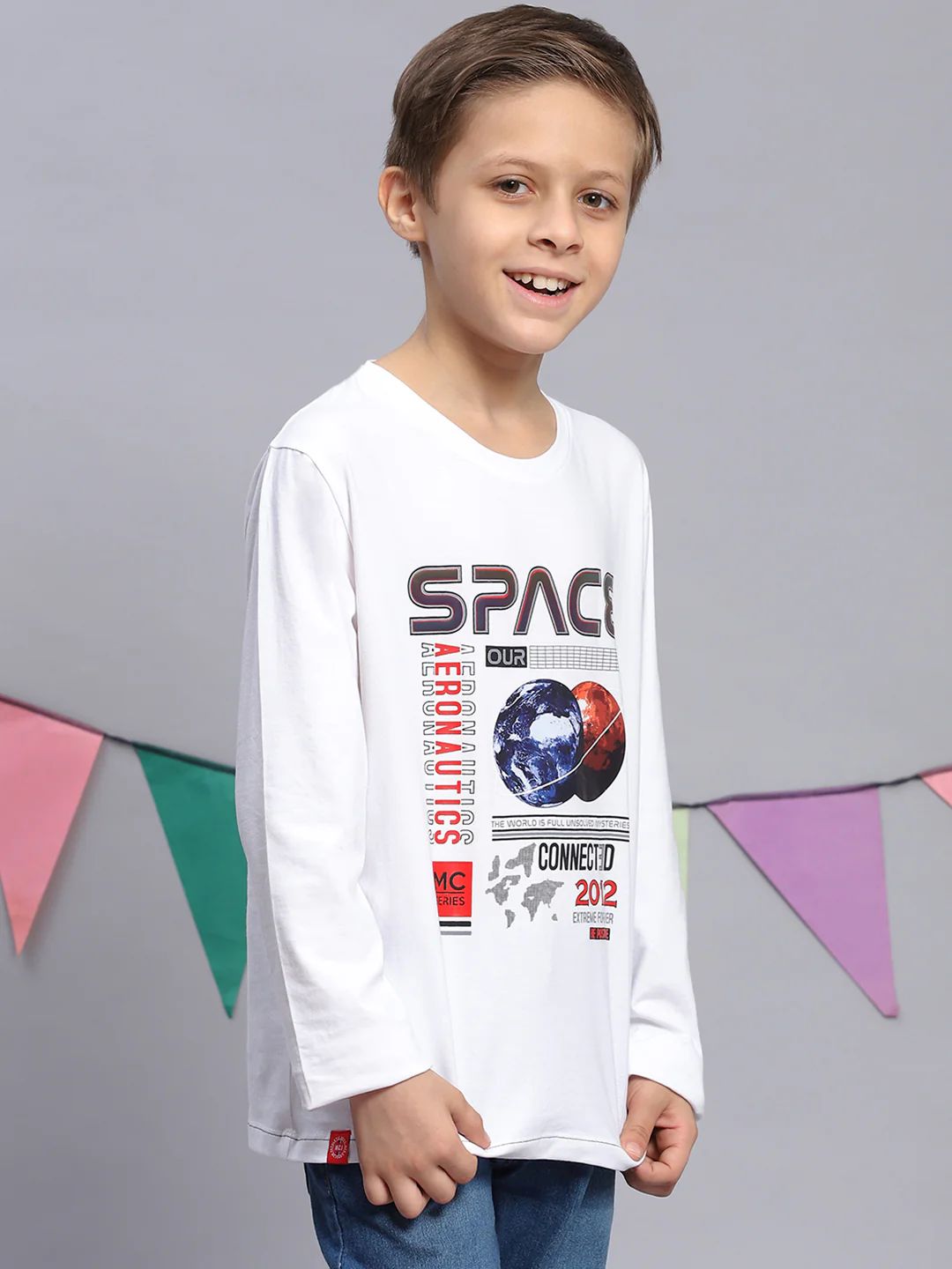 Boys White Printed Round Neck Full Sleeve T-Shirts - Image 4