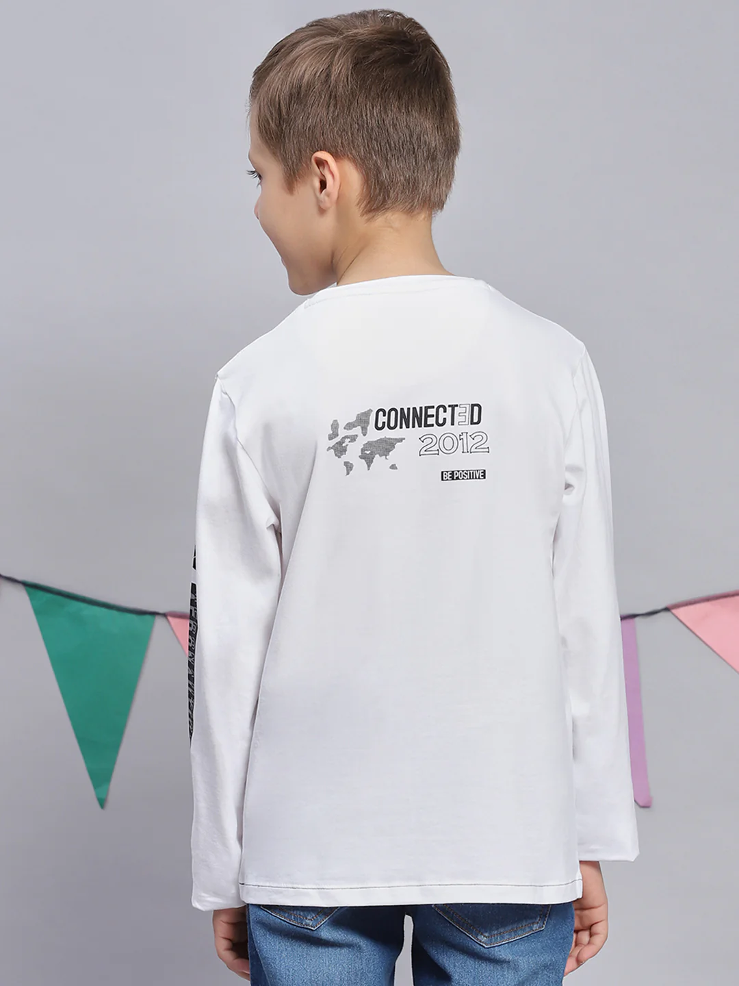 Boys White Printed Round Neck Full Sleeve T-Shirts - Image 5