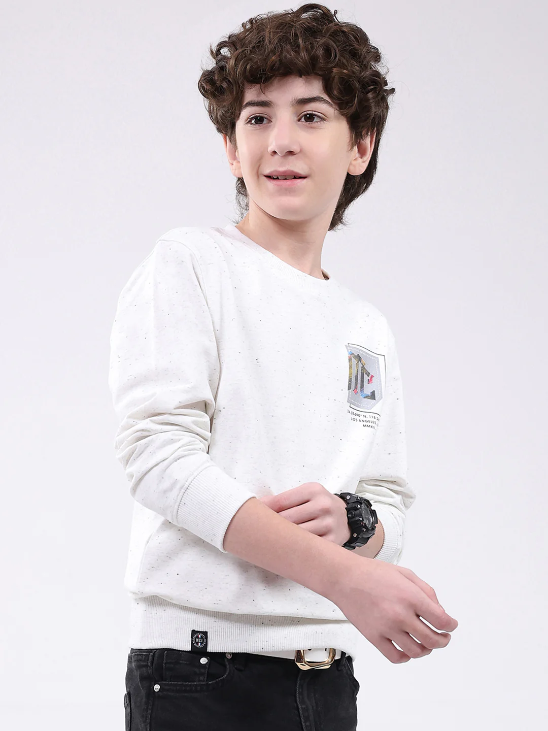 Boys White Printed Round Neck Full Sleeve Winter T-Shirt - Image 4