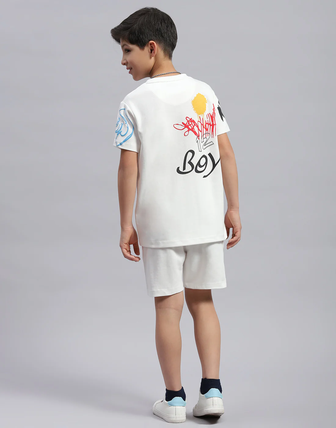 Boys White Printed Round Neck Half Sleeve Bermuda Set - Image 5