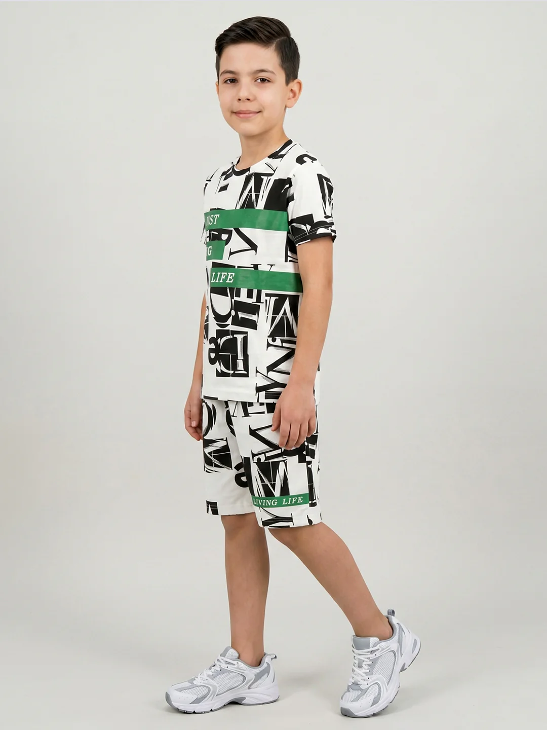 Boys White Printed Round Neck Half Sleeve Cords Set - Image 2