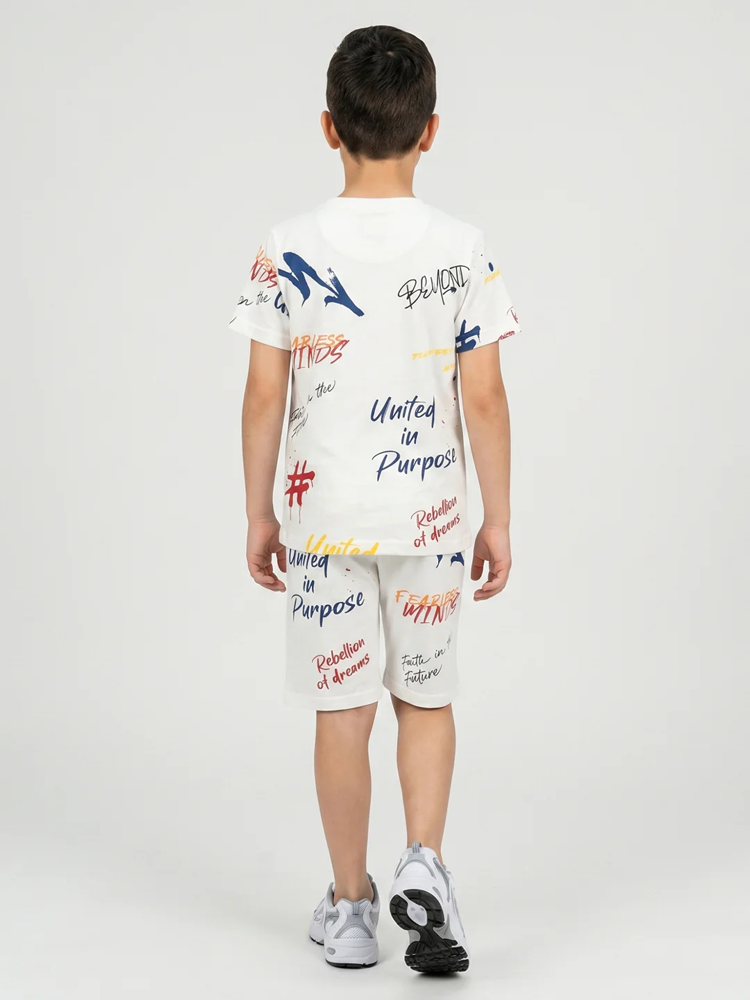 Boys White Printed Round Neck Half Sleeve Cords Set - Image 4