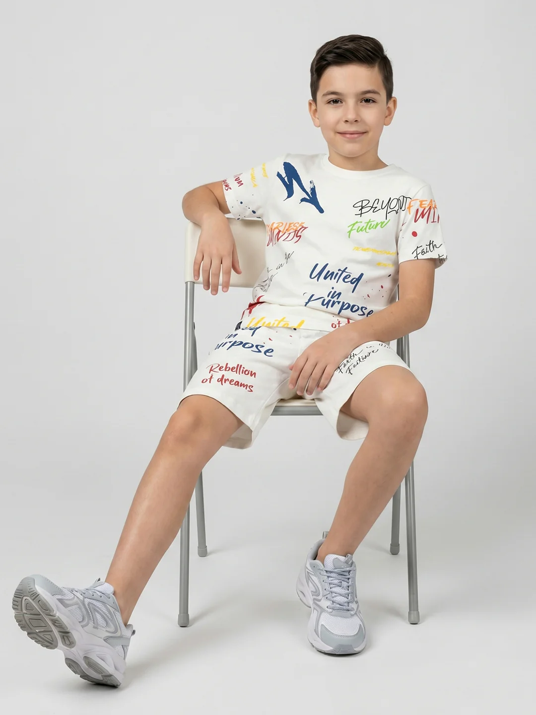 Boys White Printed Round Neck Half Sleeve Cords Set - Image 5