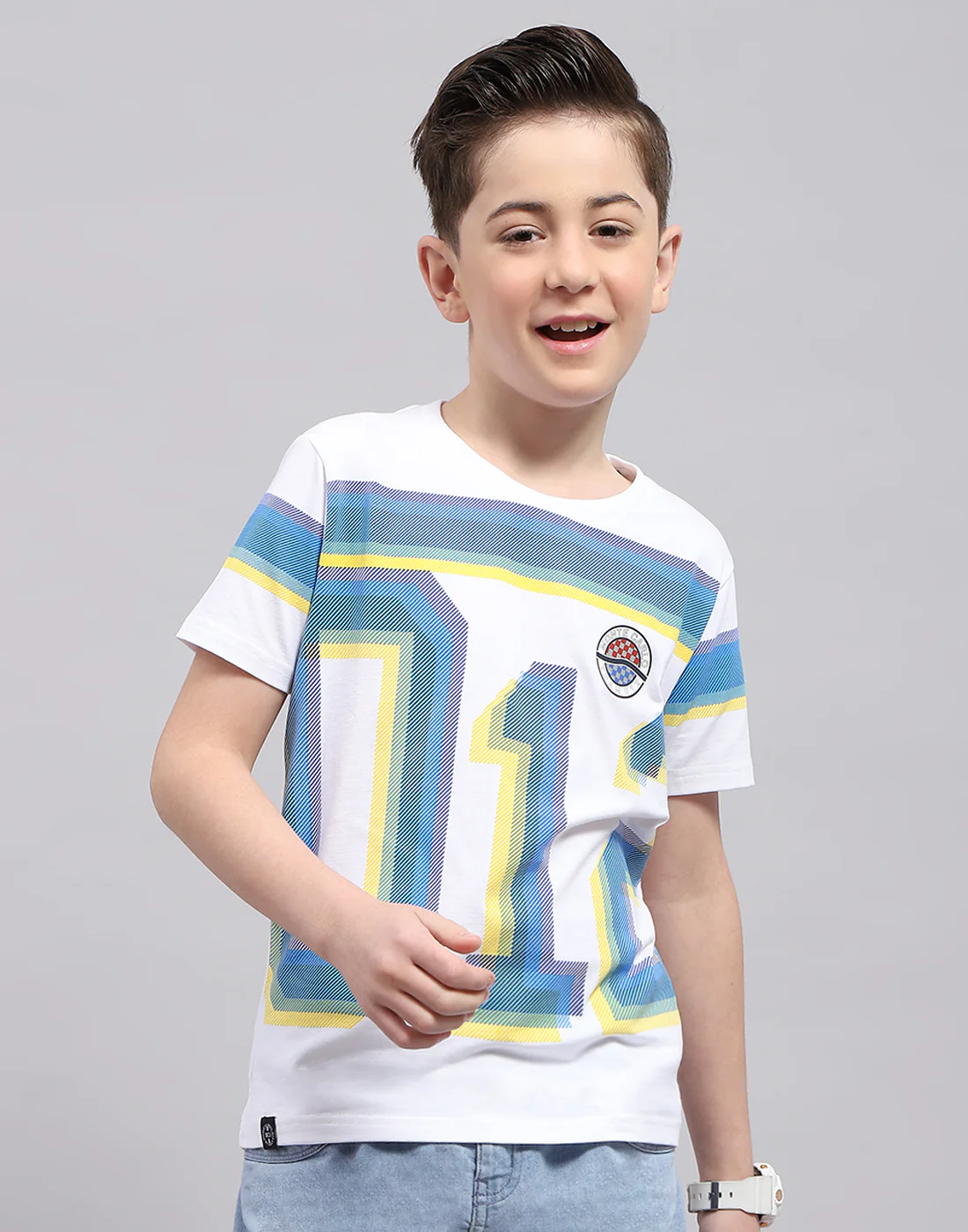 Boys White Printed Round Neck Half Sleeve T-Shirt - Image 2