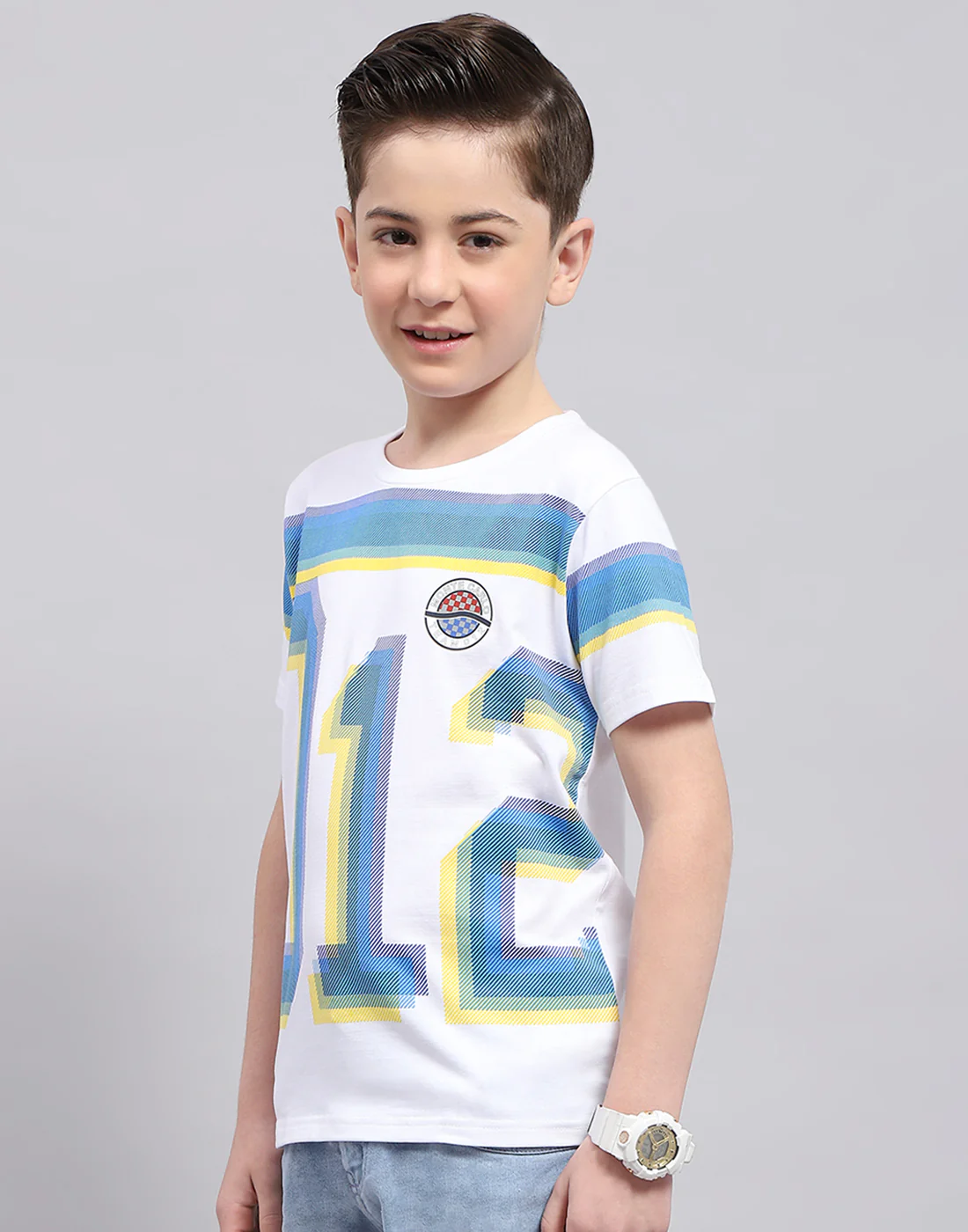 Boys White Printed Round Neck Half Sleeve T-Shirt - Image 3