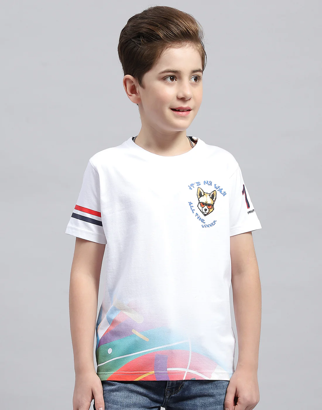Boys White Printed Round Neck Half Sleeve T-Shirt - Image 2