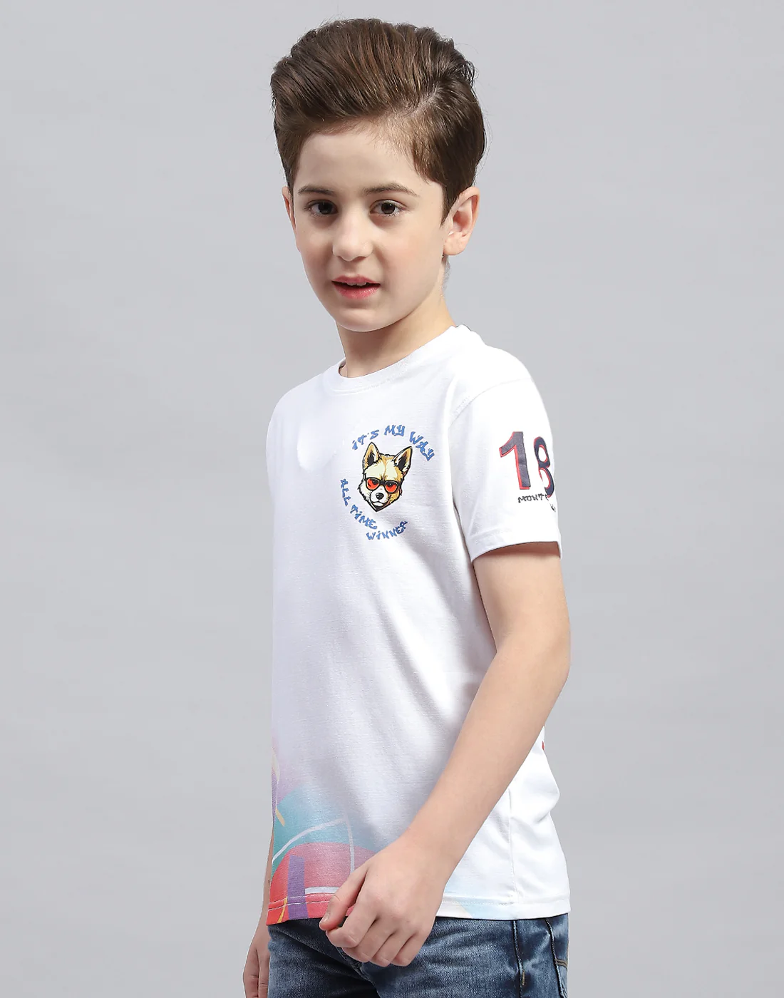 Boys White Printed Round Neck Half Sleeve T-Shirt - Image 3