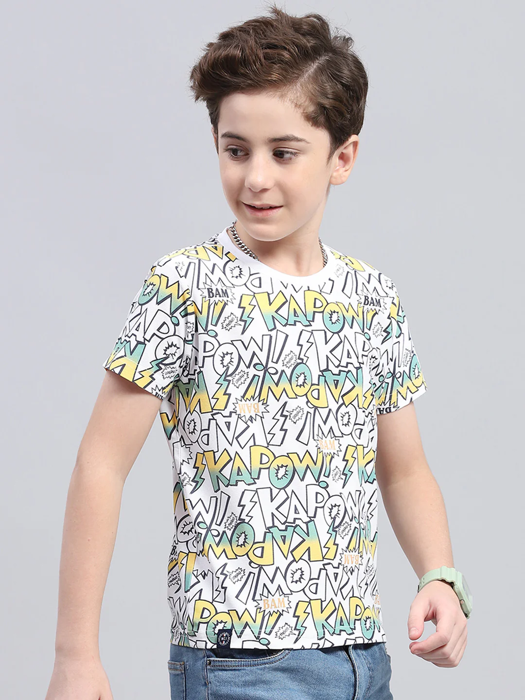 Boys White Printed Round Neck Half Sleeve T-Shirt - Image 4